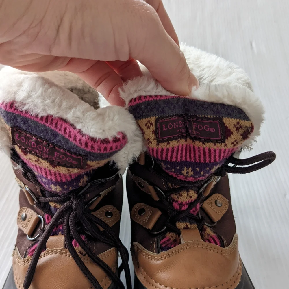 LONDON FOG Tottenham fair isle sweater knit brown suede fur lined lace-up boots